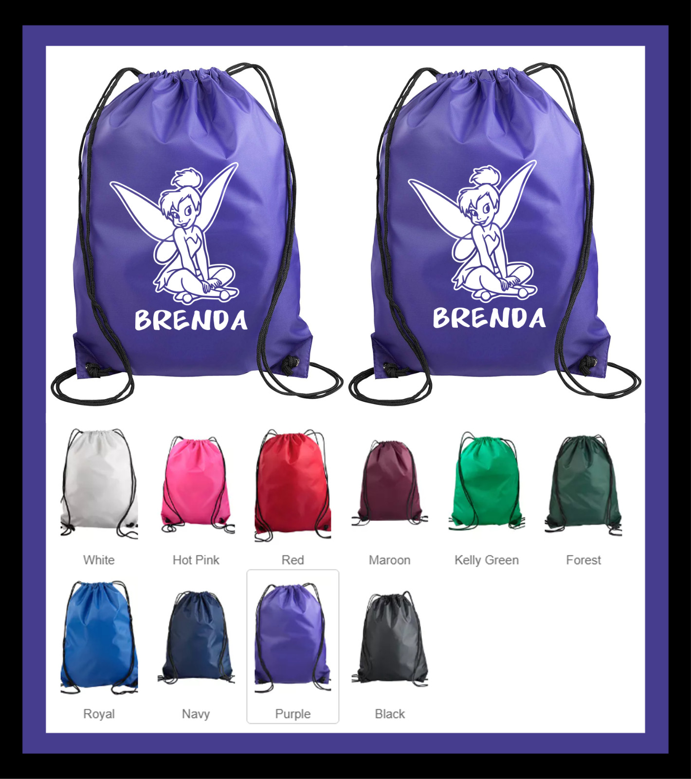 TINKER BELL DISNEY FAIRY PERSONALIZED W/ NAME DRAWSTRING BACKPACK NYLON BAG
