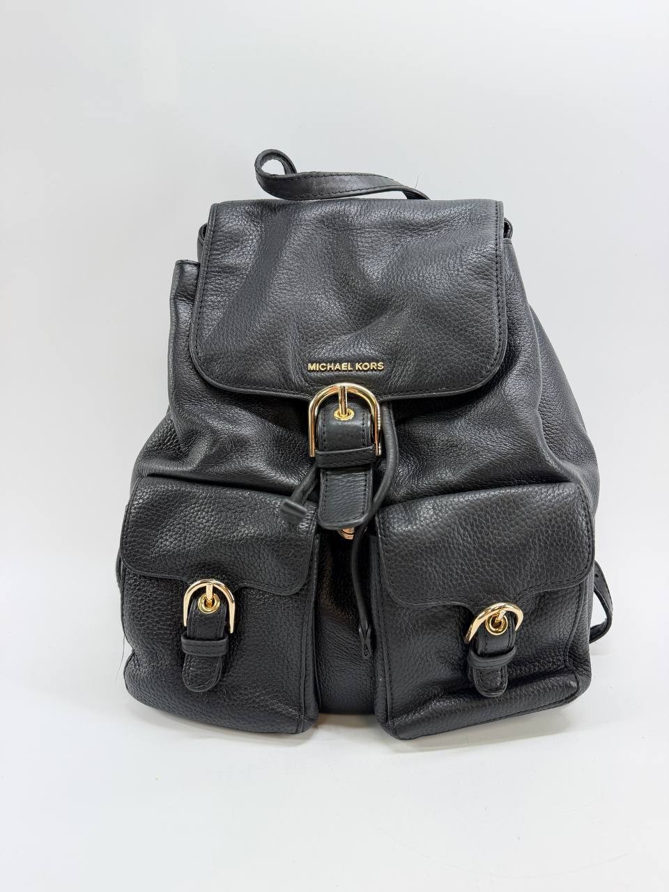 Michael Kors Black Pebbled Leather Backpack Drawstring Flap Pocket Bag Women