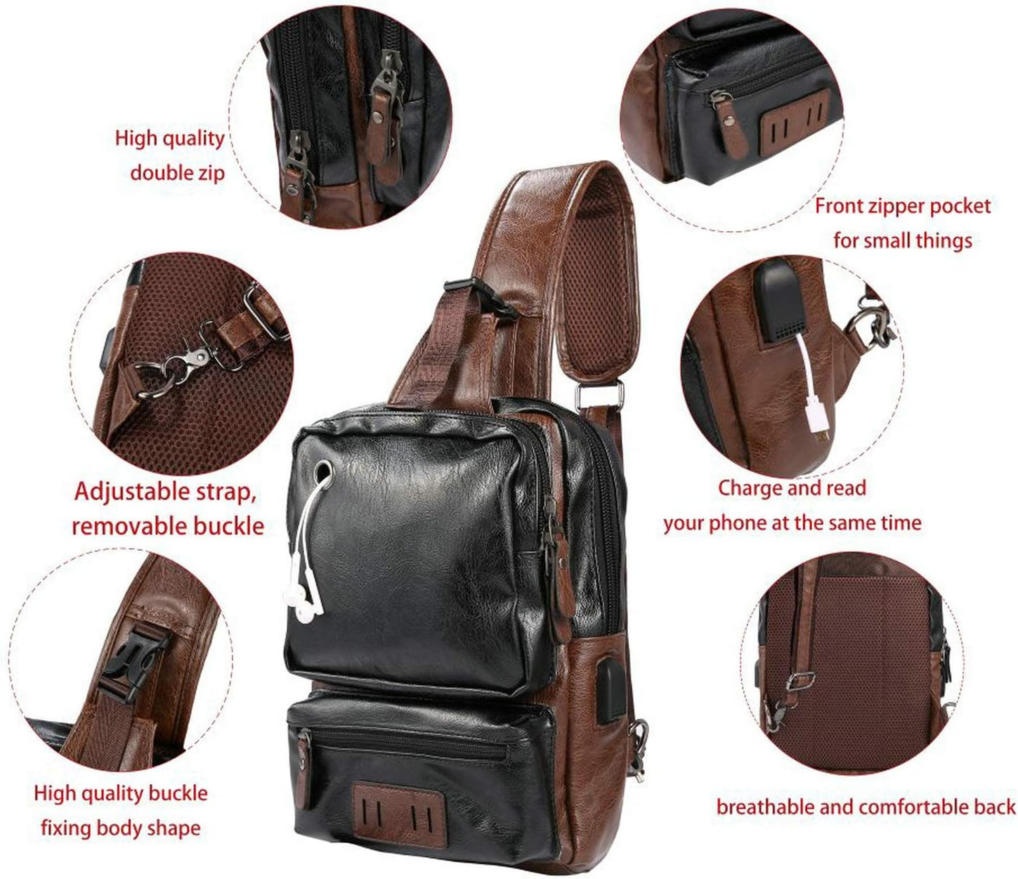 Men’S Lightweight PU Leather Sling Bag – Breathable Crossbody Pack with USB Char