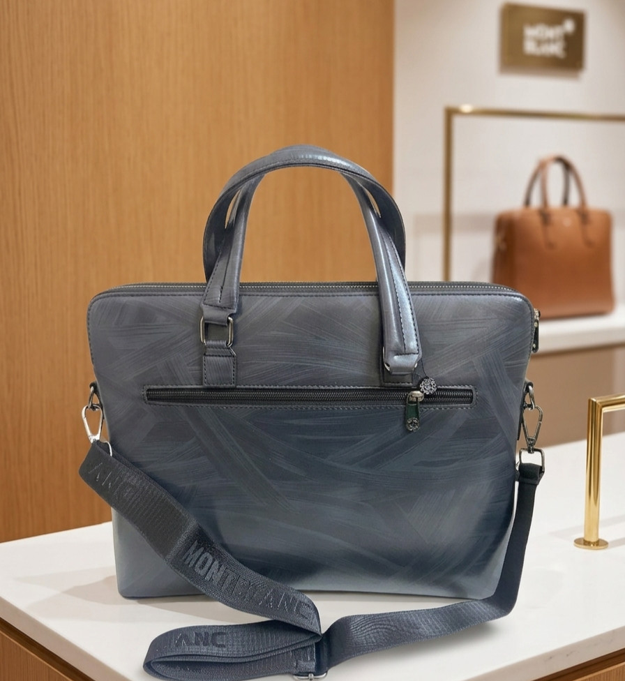 Luxury Montblanc Leather Grey Briefcase Laptop Bag- Dual Zip- Adjustable Strap
