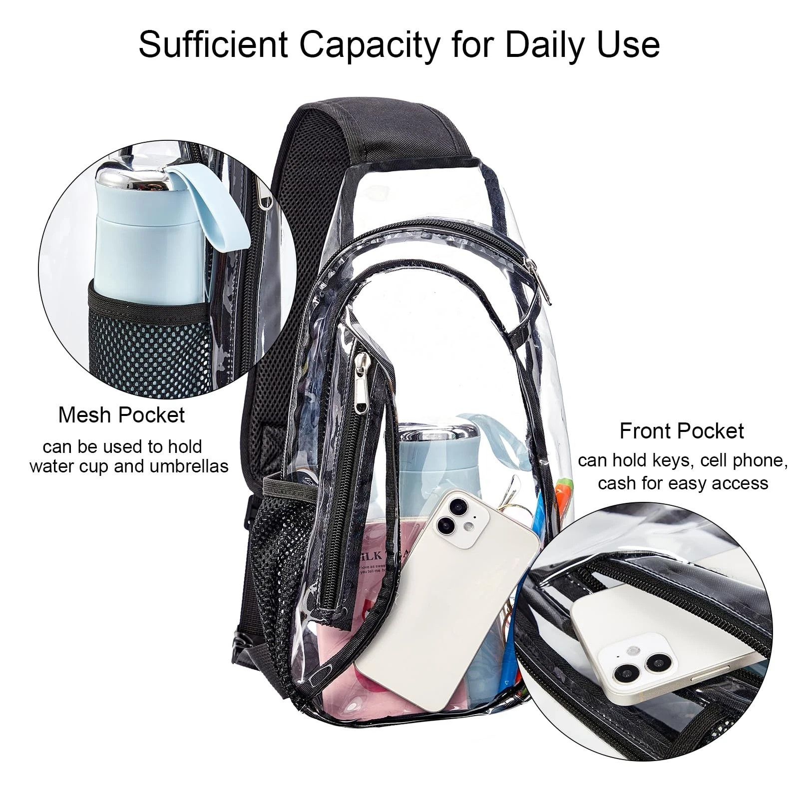 Clear Sling Bag, Stadium Approved Small PVC Crossbody Backpack, Transparent C…