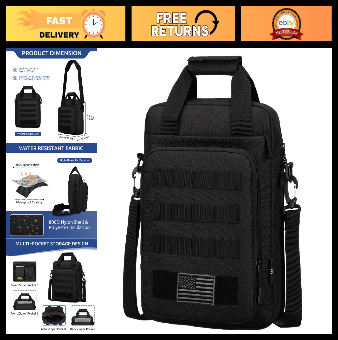 Heavy Duty Tactical Messenger Bag, MOLLE Laptop Briefcase, Shoulder Pack for Men