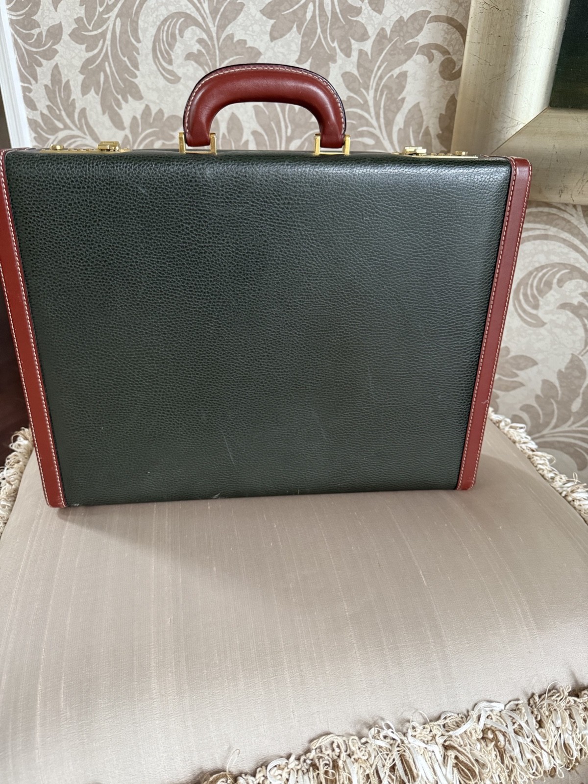 Cole Haan Leather Attache Hard Briefcase Hunter Green & Saddle Trim