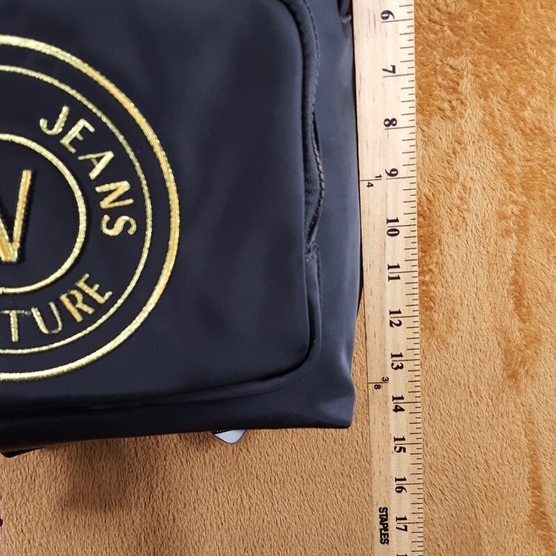 VERSACE COUTURE Backpack Black Nylon V Emblem Gold Logo Unisex $325