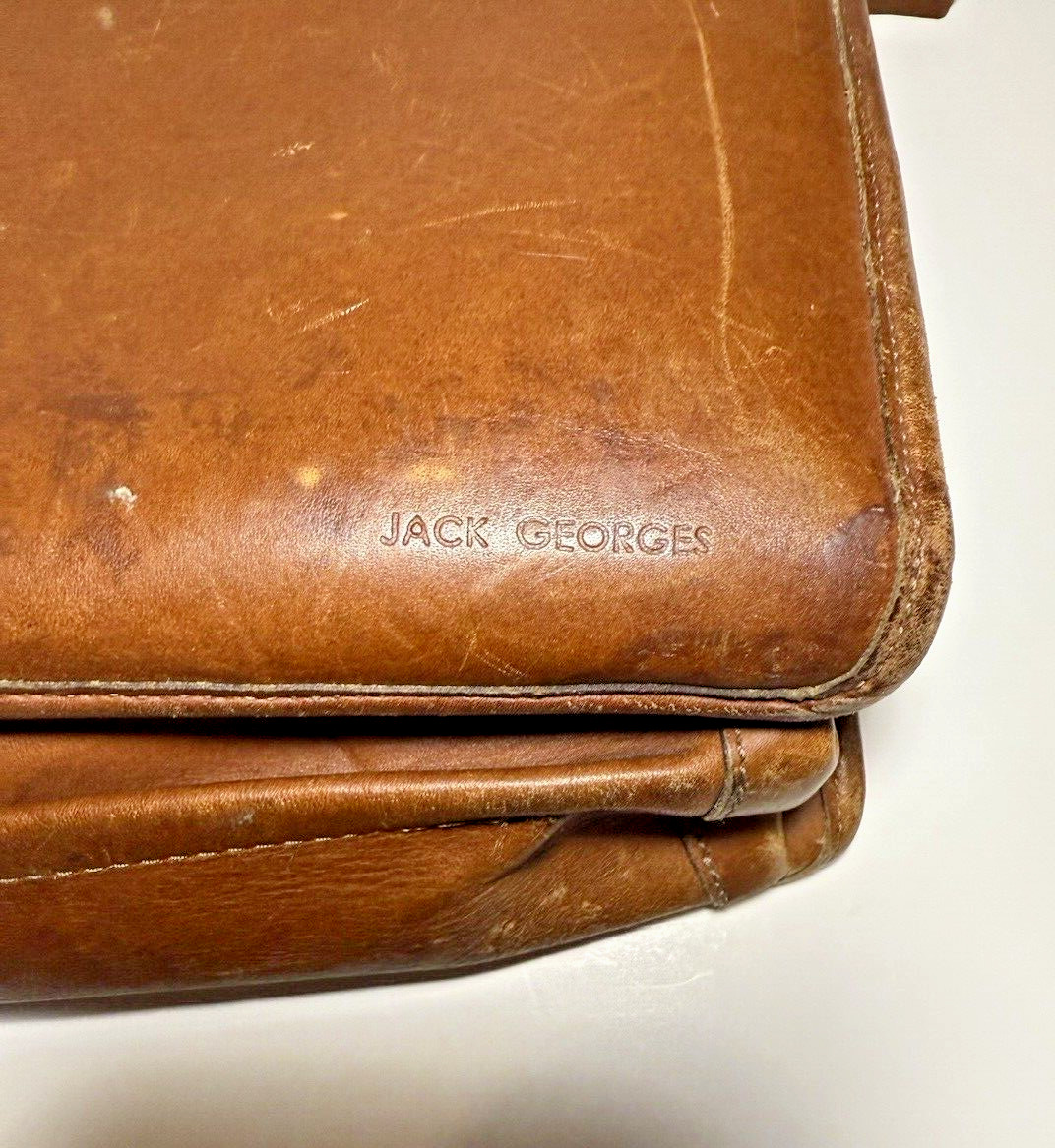 Jack Georges Brown Leather Briefcase Handles Zippers Many Pockets 16-1/2″ x 11″