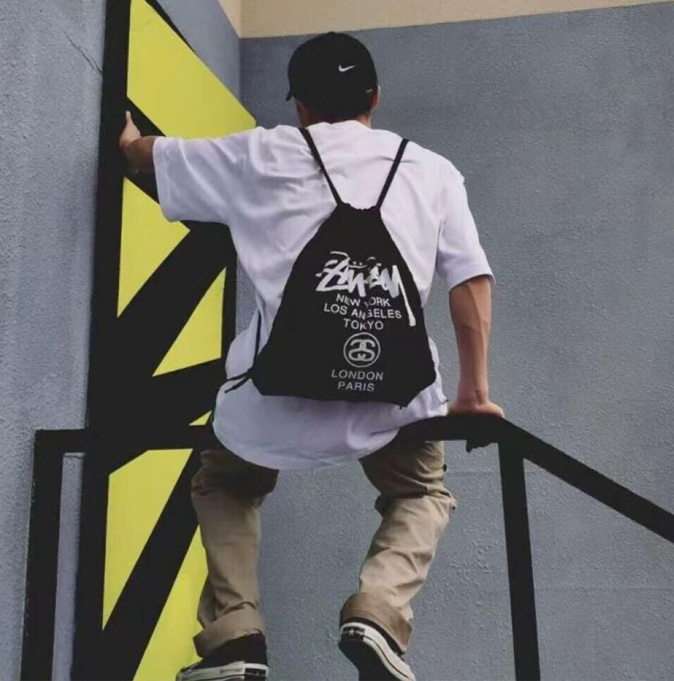 STUSSY Eco Drawstring Bag Knapsack Backpack W/ inner pocket Black Genuine Japan