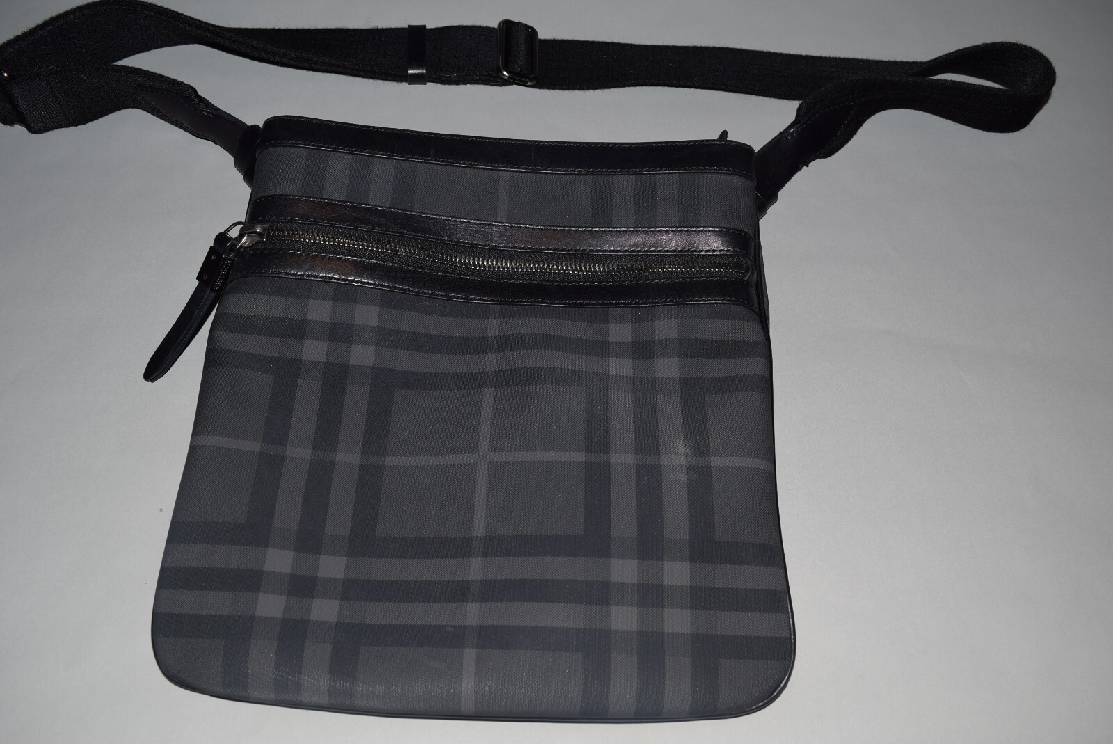 Authentic Mens Burberry Coated Canvas Crossbody Bag Check Leather Blue Black