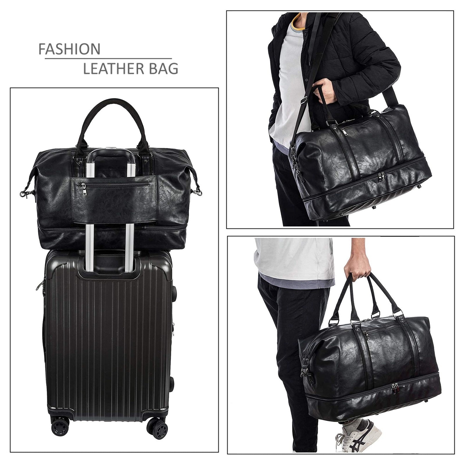 Leather Travel Bag with Shoe Pouch,Weekender Overnight Bag Waterproof PU Leat…