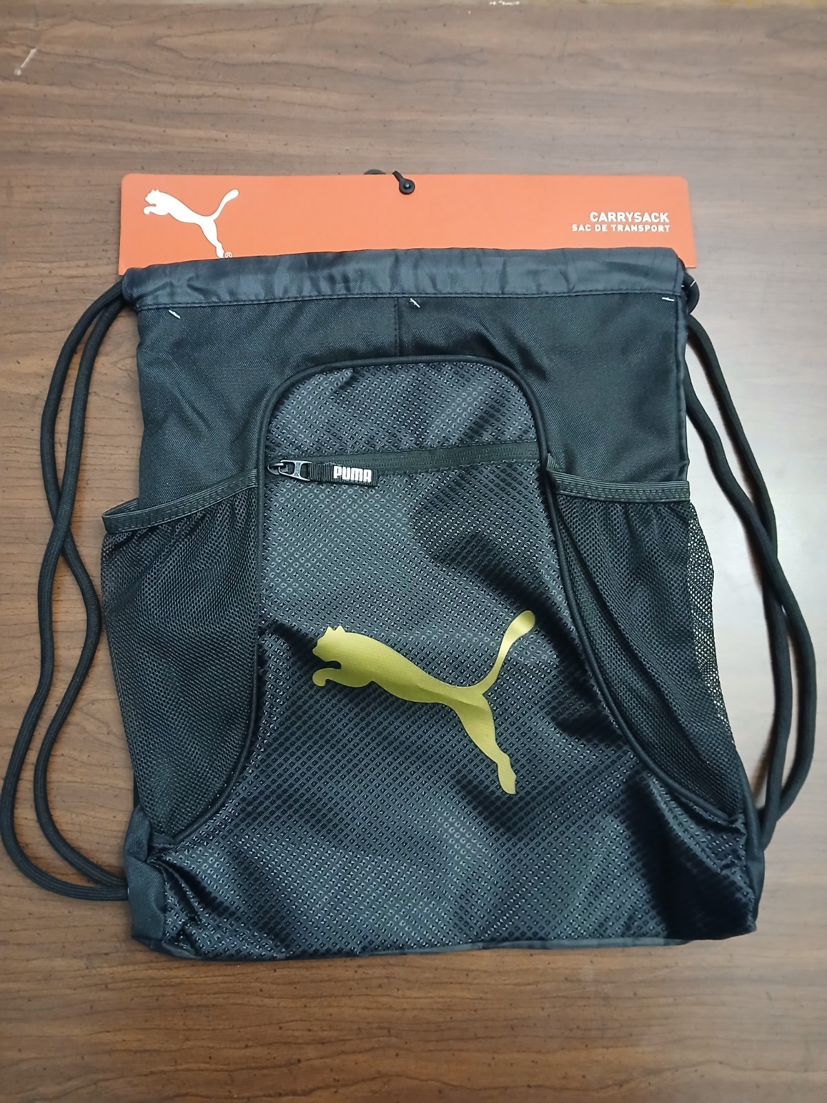 Puma Equinox Carrysack 18″x14″ Sackpack Drawstring Black w Gold or Silver Cat