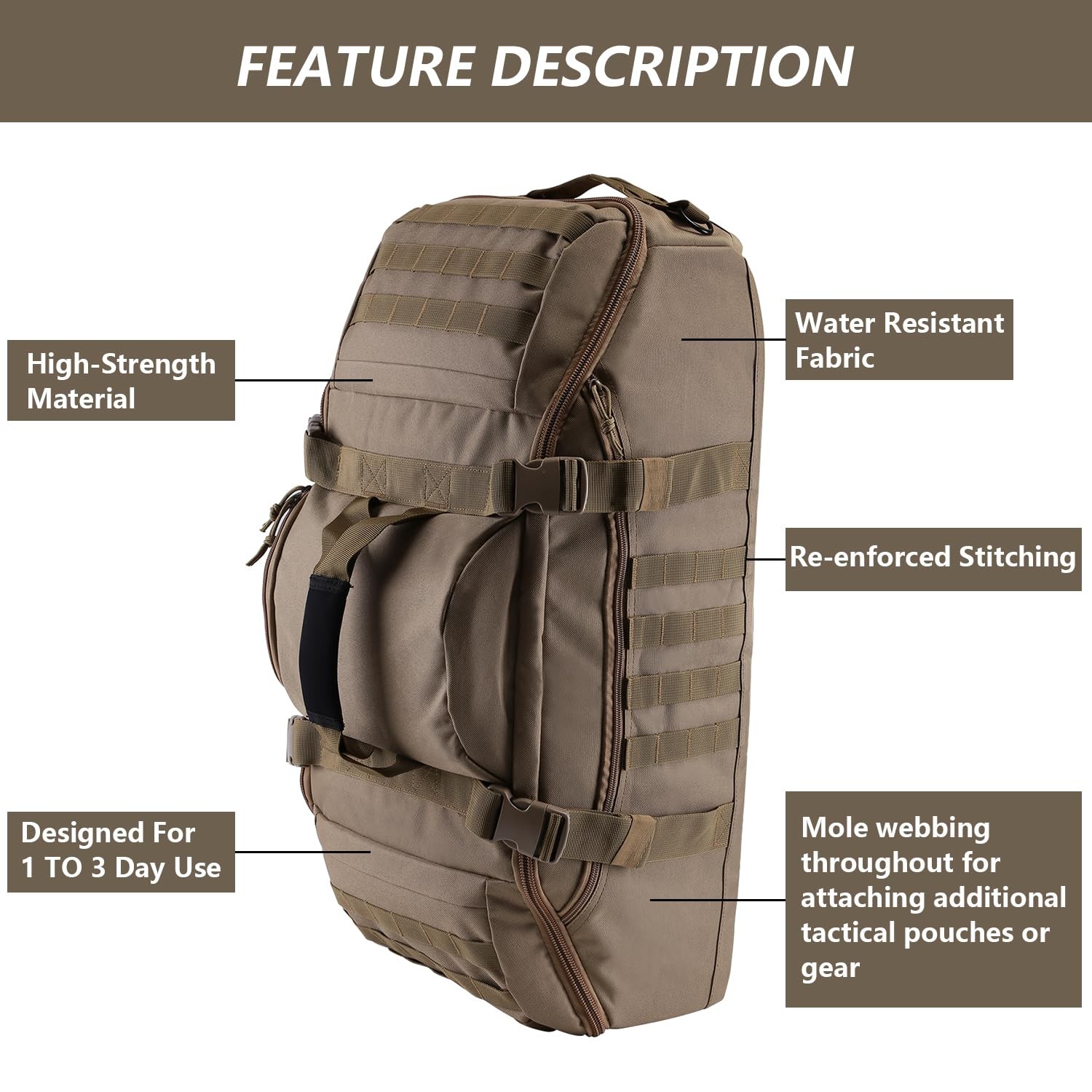Hannibal Tactical 65L Large Duffle Bag, 3-in-1 Tactical Backpack MOLLE Pack f…