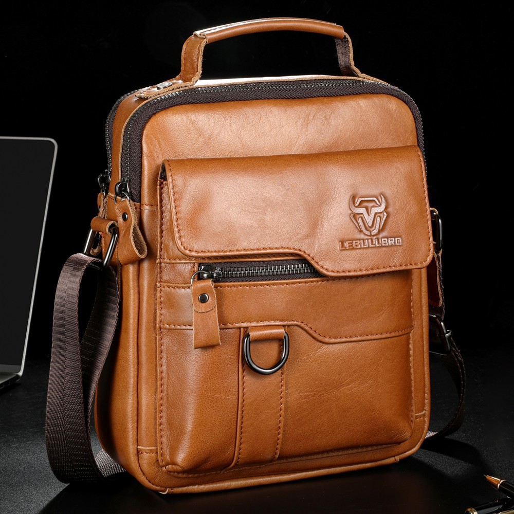 LEBULLBRO Men’s Genuine Cowhide Leather Shoulder Bag Medium Size Sling Handbags