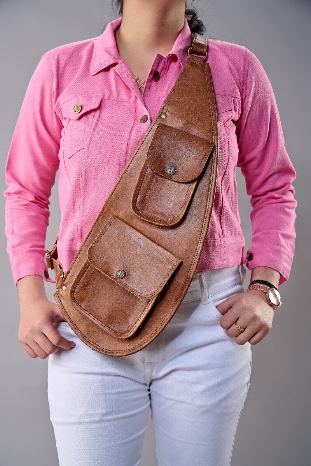 Vintage Brown Real Leather Shoulder Sling Satchel Casual Chest Backpack Unisex