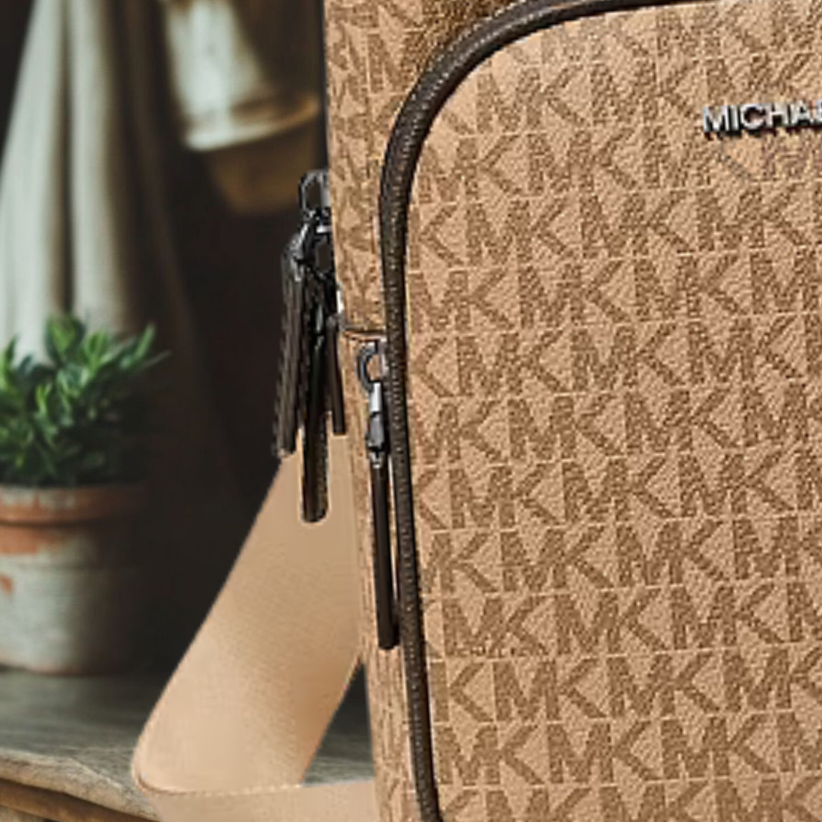 Michael Kors Cooper Men MK Logo Print Canvas Crossbody Sling Pack Bag Camel