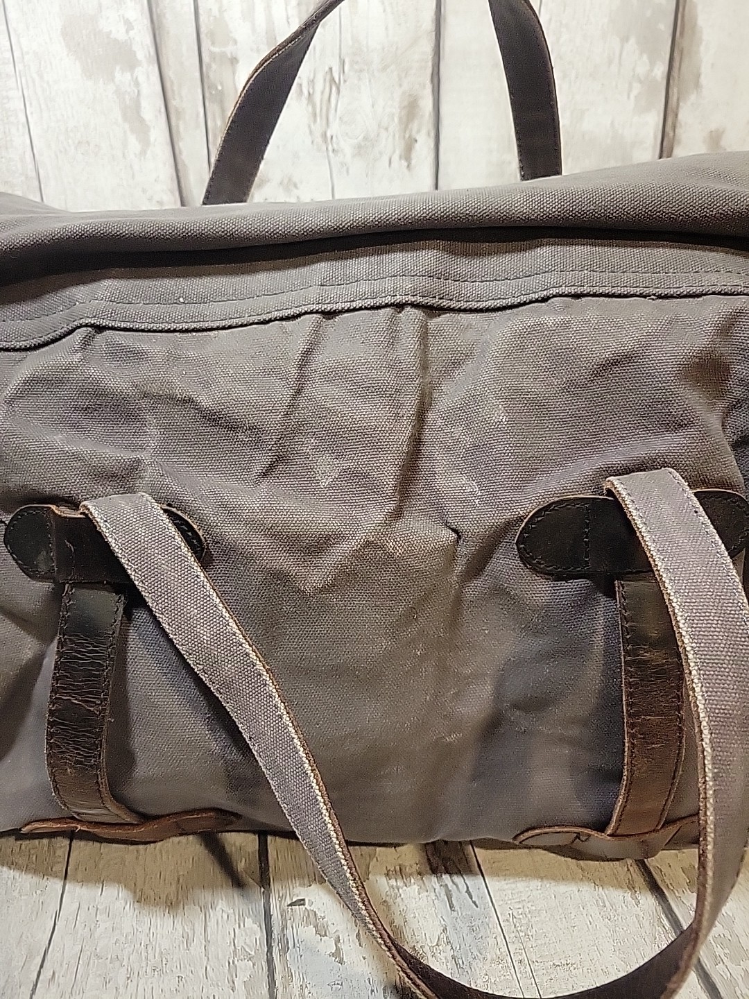 S-ZONE Distressed Gray Canvas Duffle Bag Brown Leather Trim Travel Bag NO STRAP