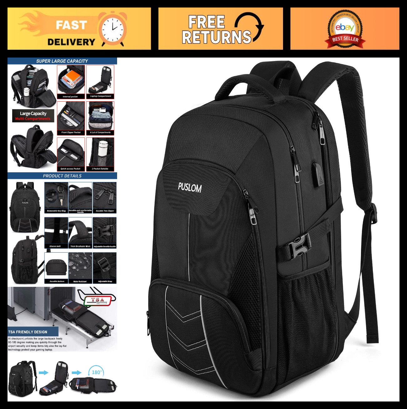 Extra Large 55L Travel Laptop Backpack, USB Charging, TSA Approved, Heavy Duty C