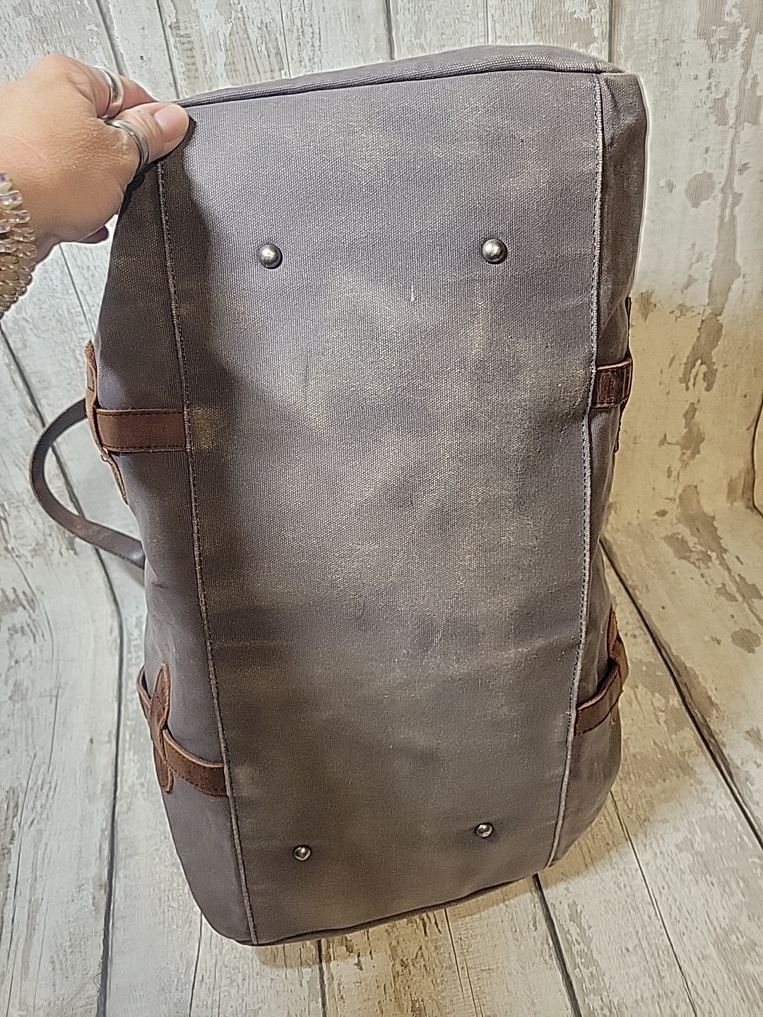 S-ZONE Distressed Gray Canvas Duffle Bag Brown Leather Trim Travel Bag NO STRAP