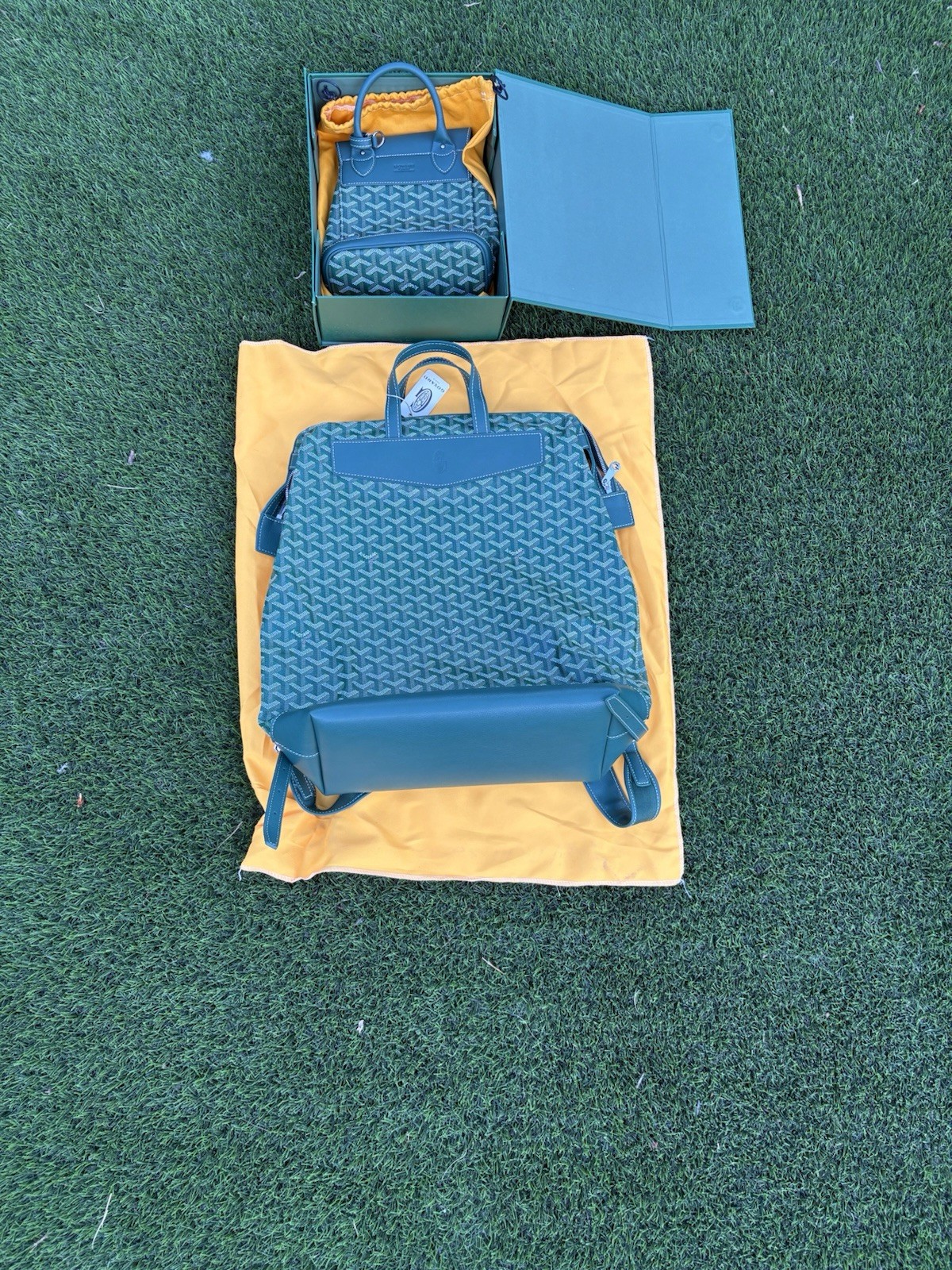 Goyard Geometric Green/Blue Zip Backpack Top Handle Adjustable Strap Medium