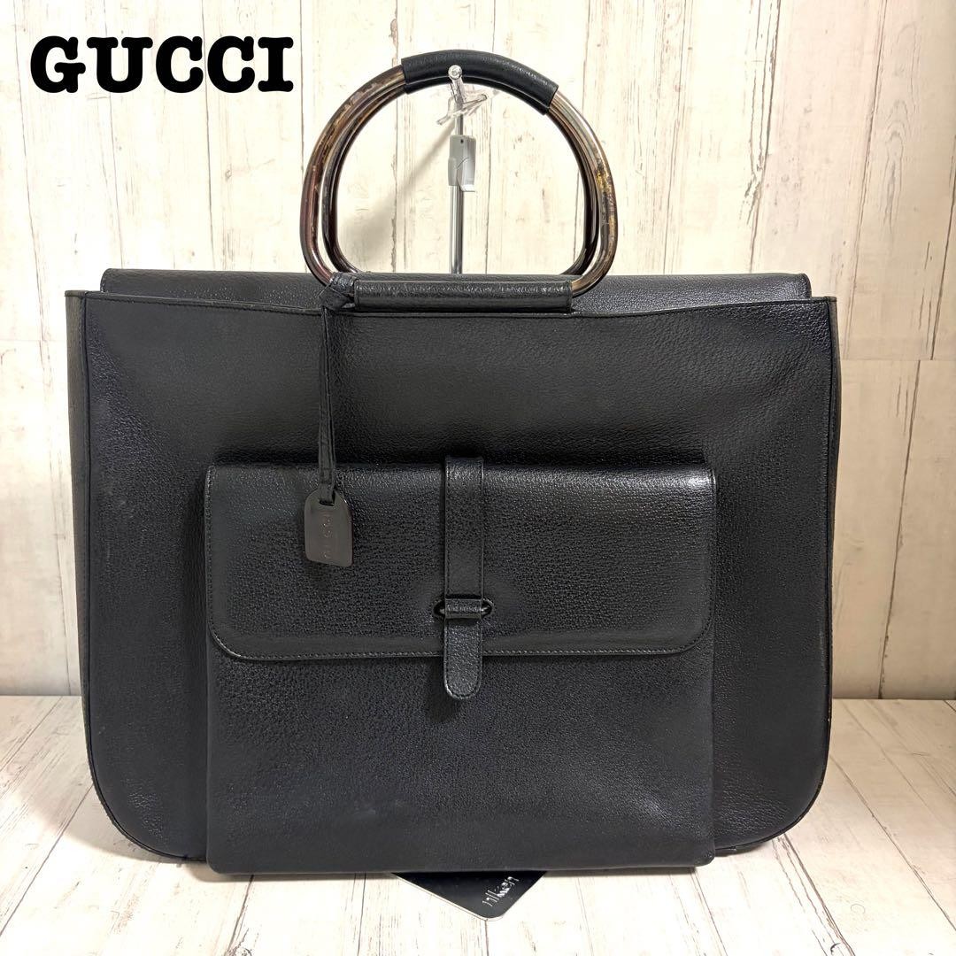 GUCCI Vintage Leather Business Bag Men Black 30cm x 39cm x 10cm