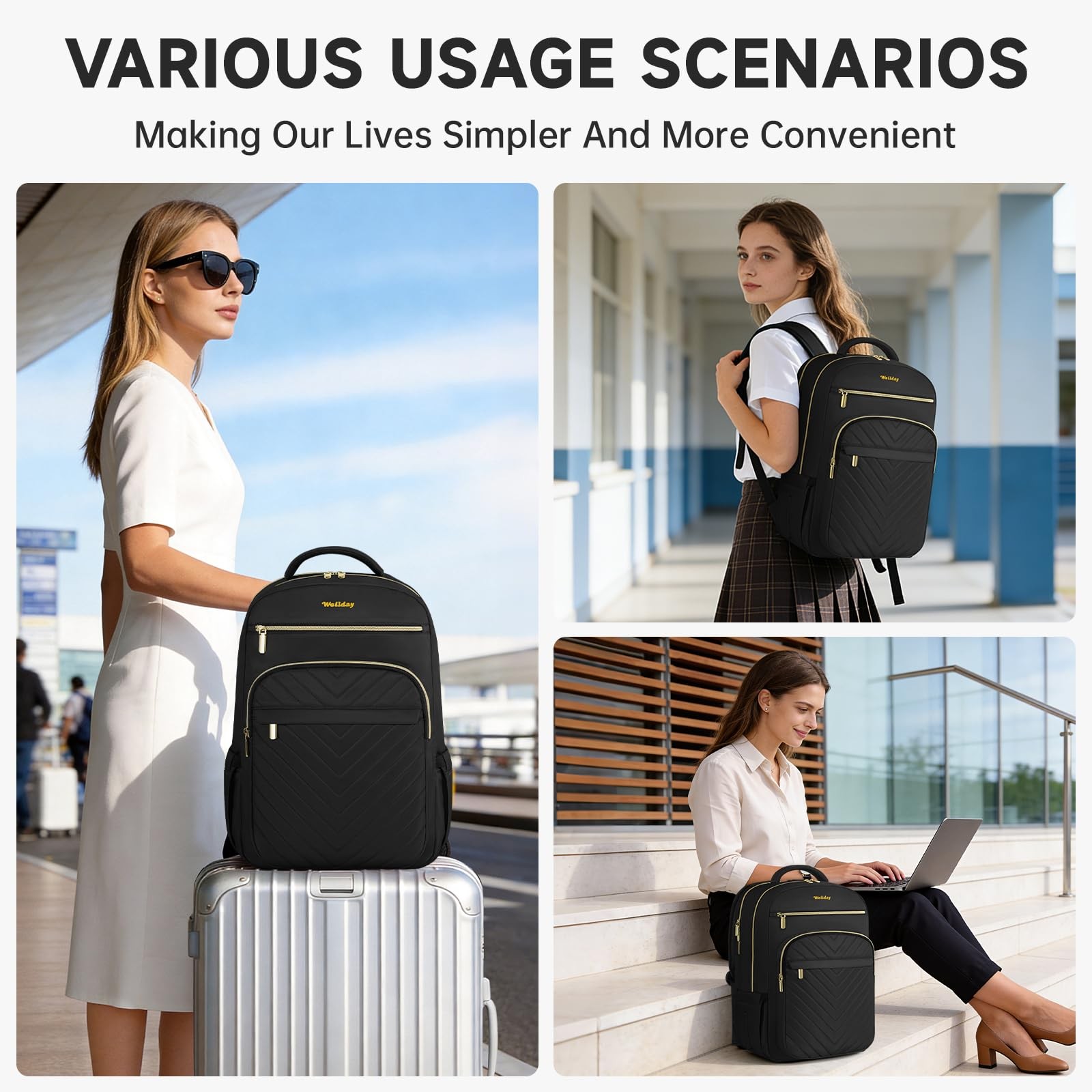 Black 15.6 Inch Laptop Backpack For Women Water Resistant Work 16 Pockets