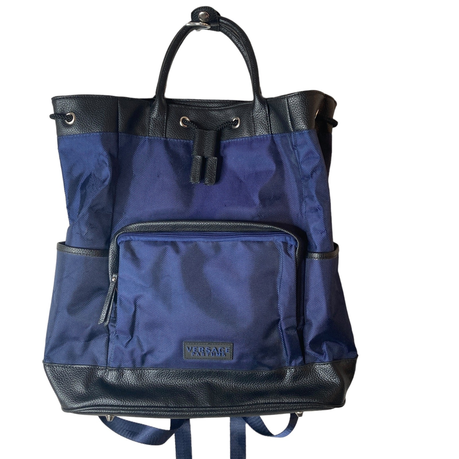 Versace Parfums Mens Back Pack Blue Nylon Leather New COA 16.5×16
