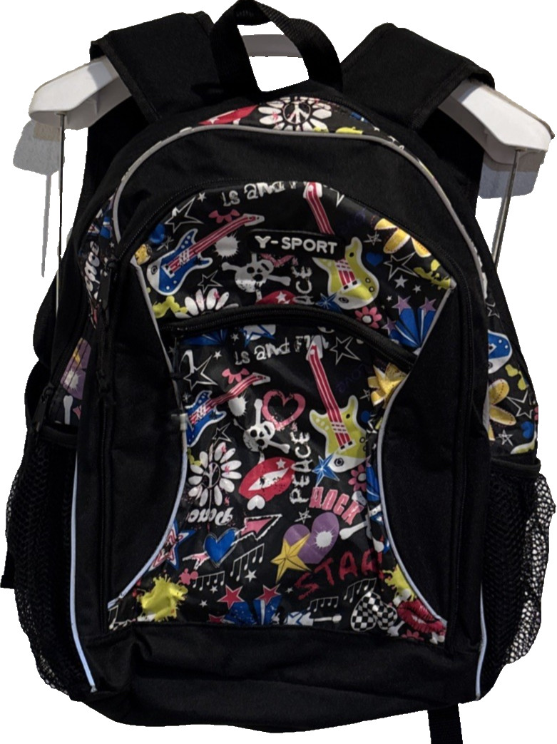 Y Sport Backpack Bag Black Music Theme Side Pockets Top Handle Retro School