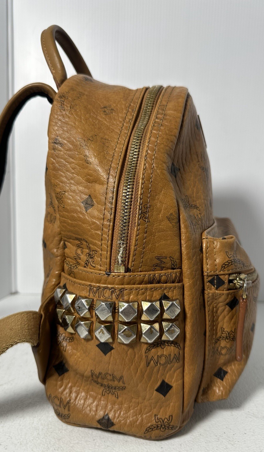 MCM Visetos Side Studs Small Backpack Camel Brown Leather Logo Studded Bag