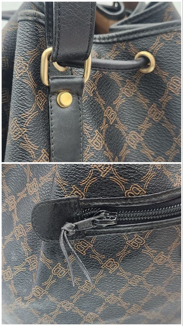 Bally Monogram Drawstring Backpack 2Way Black PVC Leather Gold Tone 2 Zipper Bag