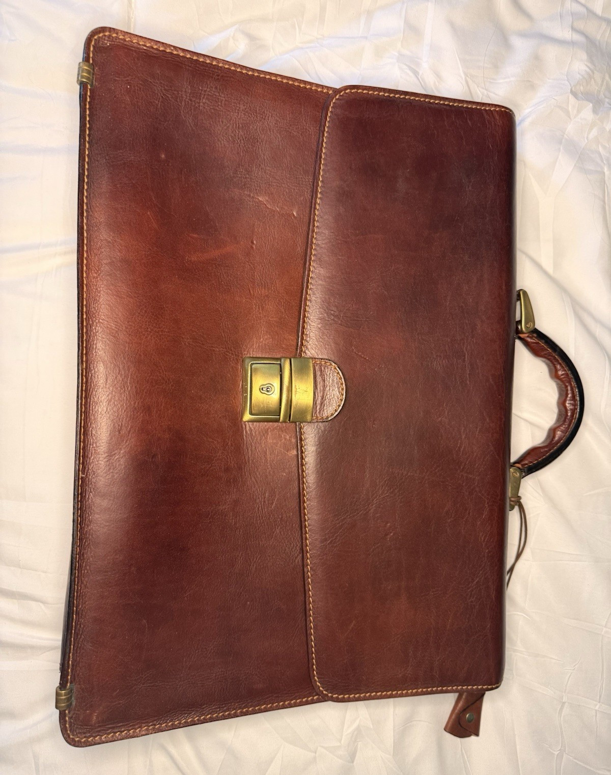 Brown Large Briefcase/Document Case Top Handle Buckle Closure Brass Hardware
