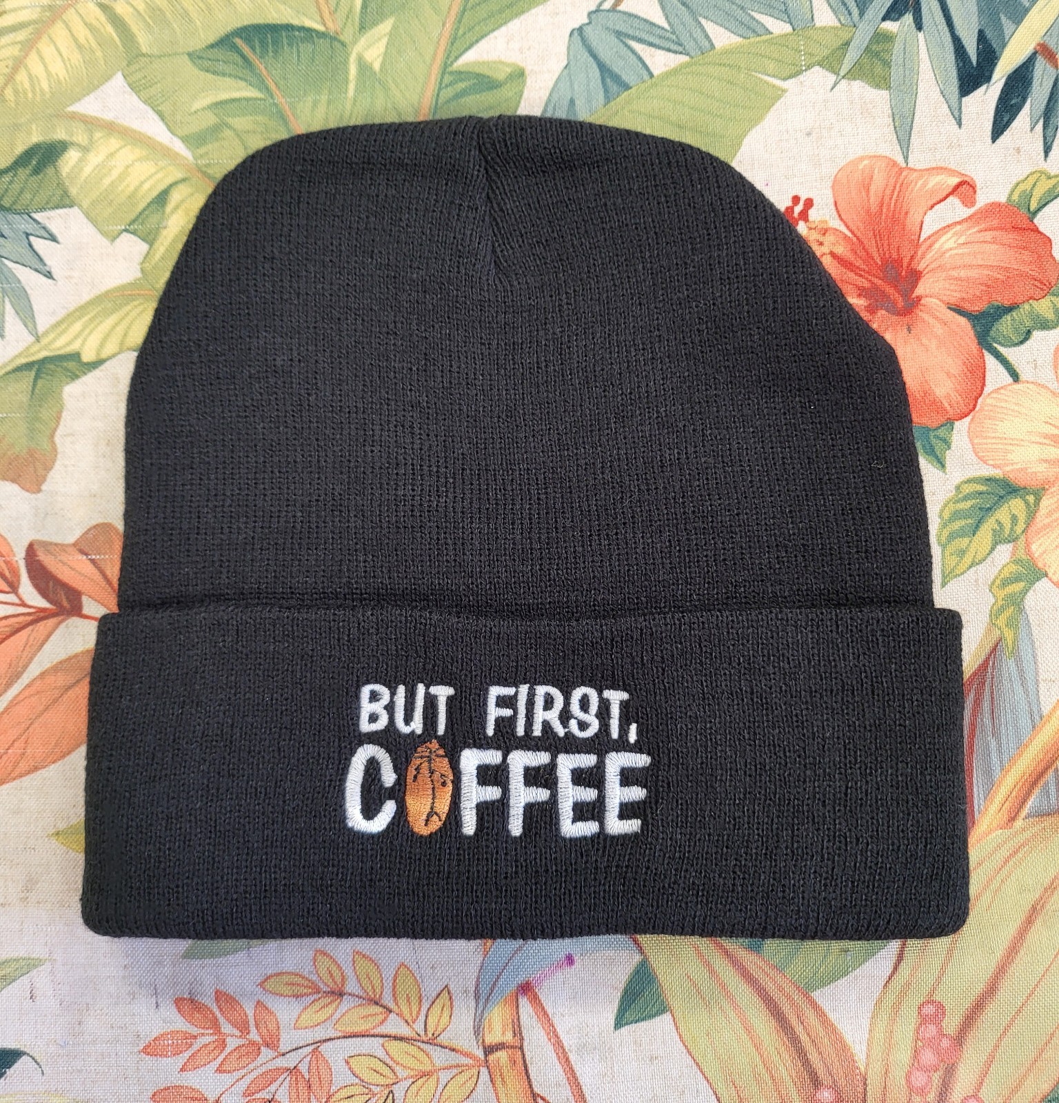 But first, Coffee embroidered beanie hat, custom embroidered beanie