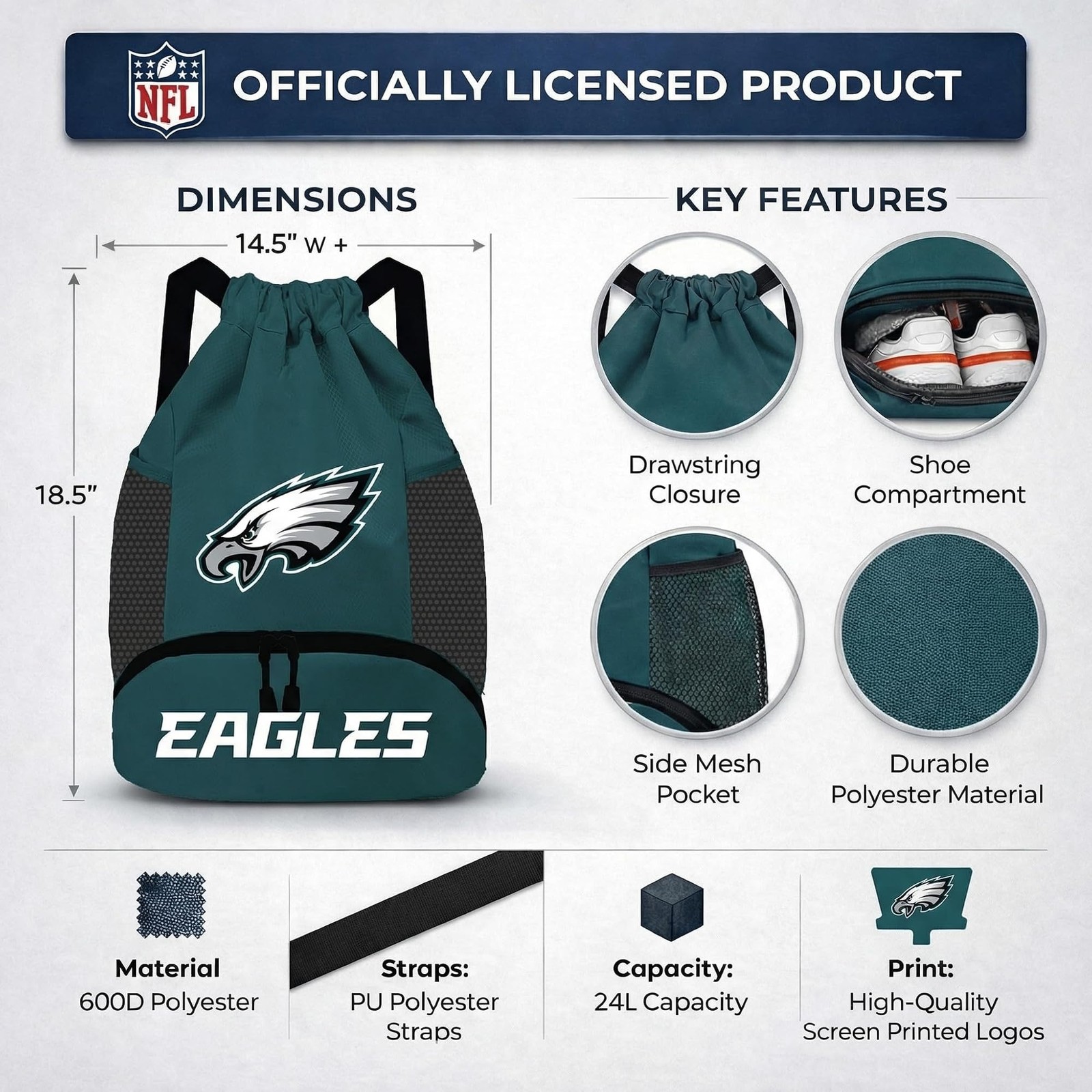 NFL Philadelphia Eagles Cinch Bag – Standard Logo Drawstring Backpack