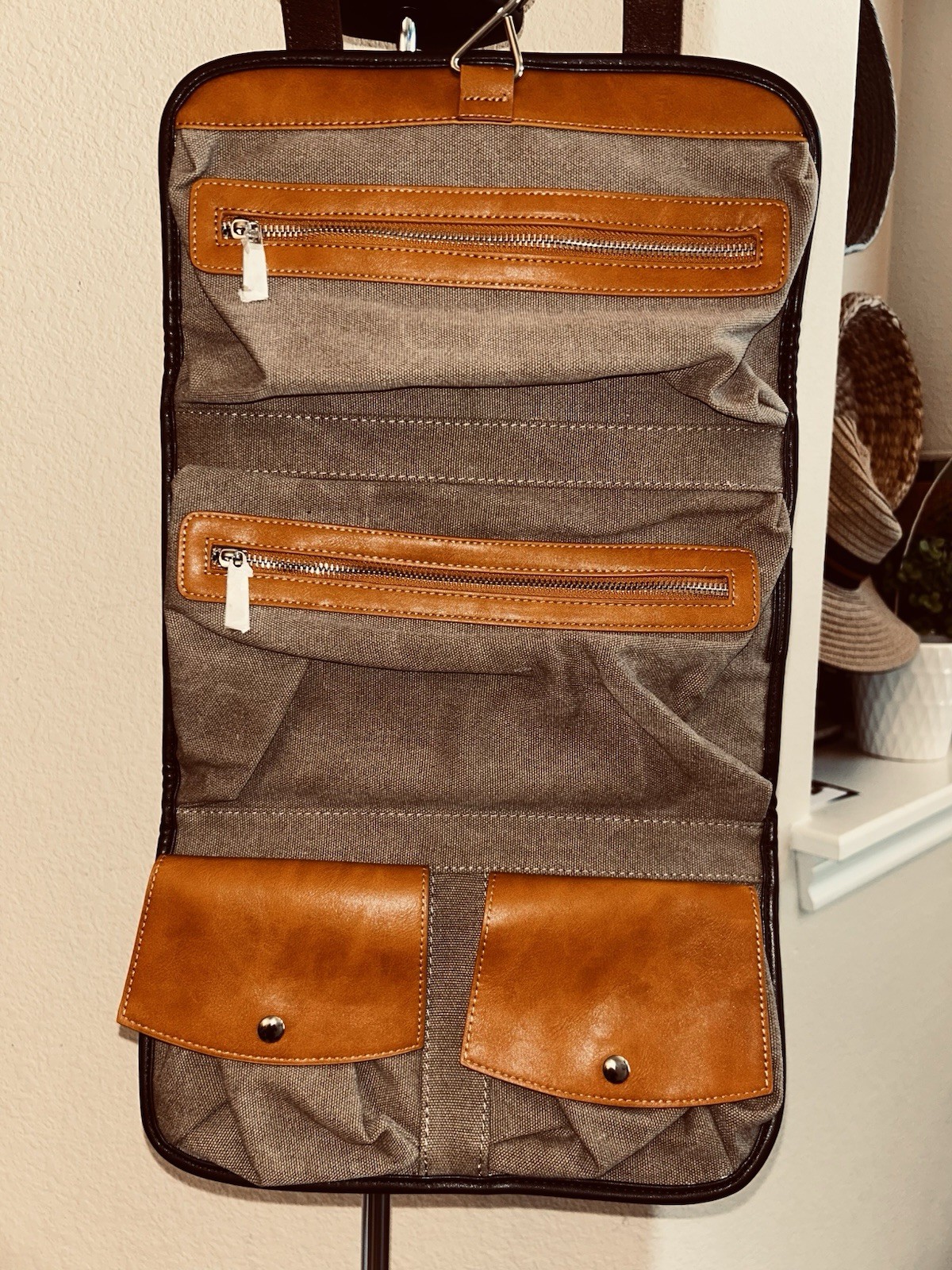 Vetelli Italian Hanging Travel Toiletry Bag | Brown & Camel Color Vegan Leather