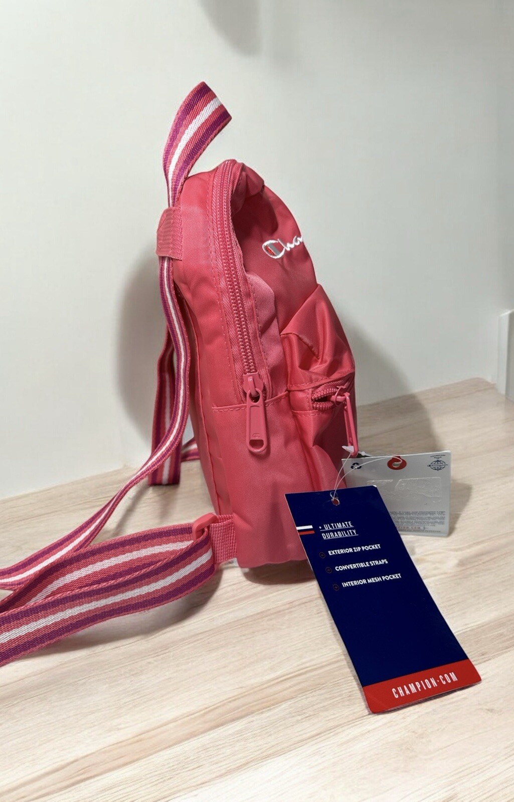Champion Mini Backpack Pink White Zipper Pockets Adjustable Straps Logo