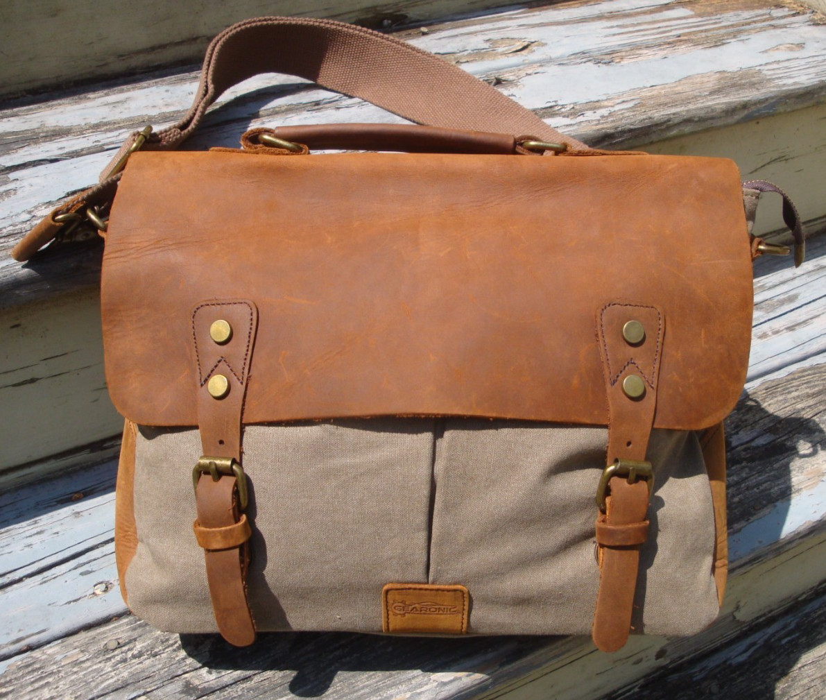 GEARONIC Canvas Leather Satchel Messenger Travel Briefcase Laptop Brown Rugged
