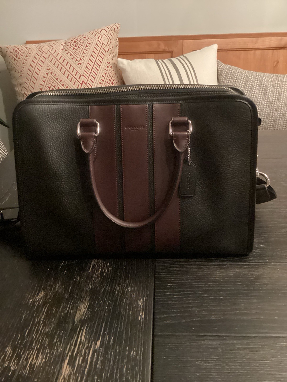 COACH Bond Brief Laptop Bag Striped Black Oxblood Pebble Leather Bag F72308