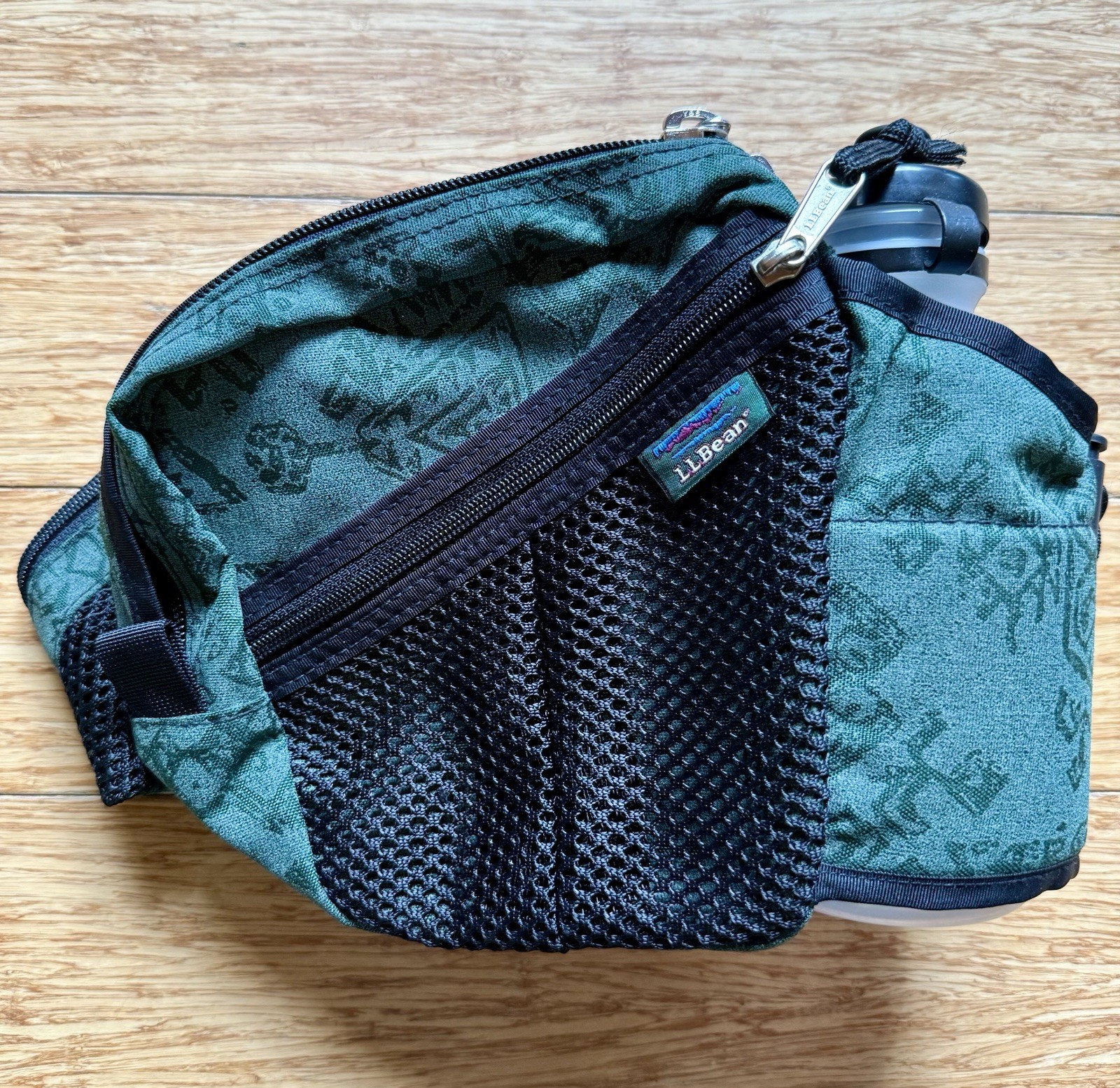 VTG L.L. Bean Fanny Pack Waist Bag Aztec Green Nylon Hiking Water Bottle Pocket