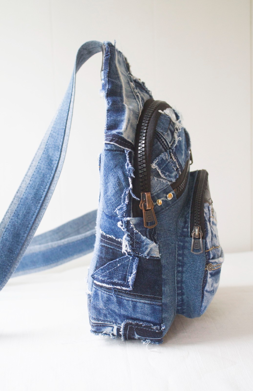 Denim single-strap chest backpack Upcycling Unisex sling bag