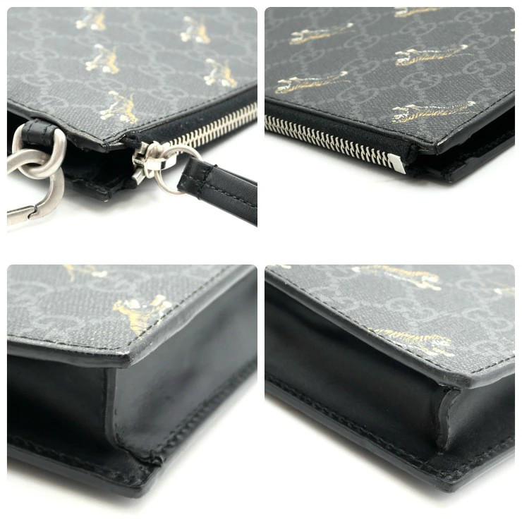 Gucci GG Supreme Tiger Print Clutch Bag Pouch Black PVC Leather Used