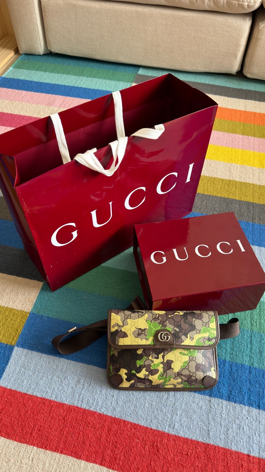 Gucci GG Monogram Camo Belt Bag Small Beige Men Italy w/ Box Receipt
