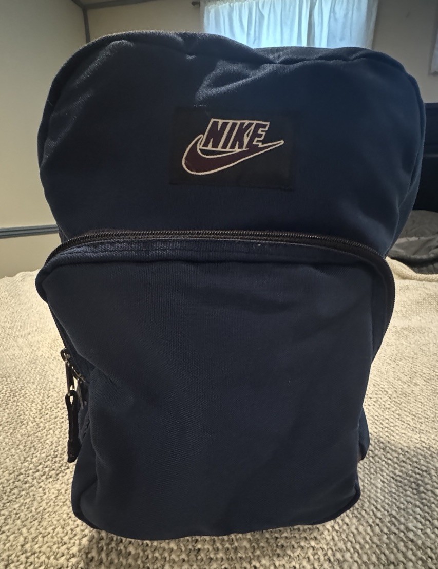 Vintage 1990s NIKE Navy Blue Backpack Swoosh Logo Nylon Suede Leather Bottom