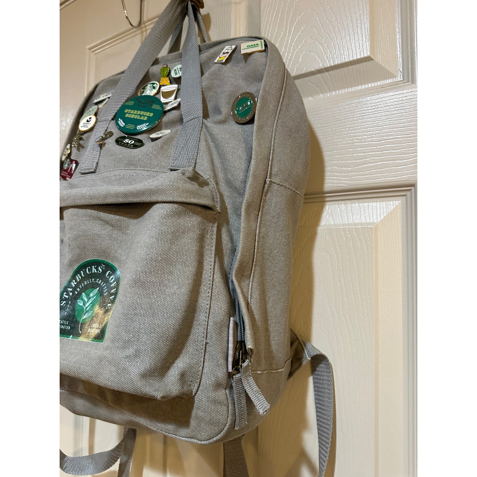 Starbucks Coffee Gray Canvas Backpack with Assorted Enamel Partner Pins Bundle