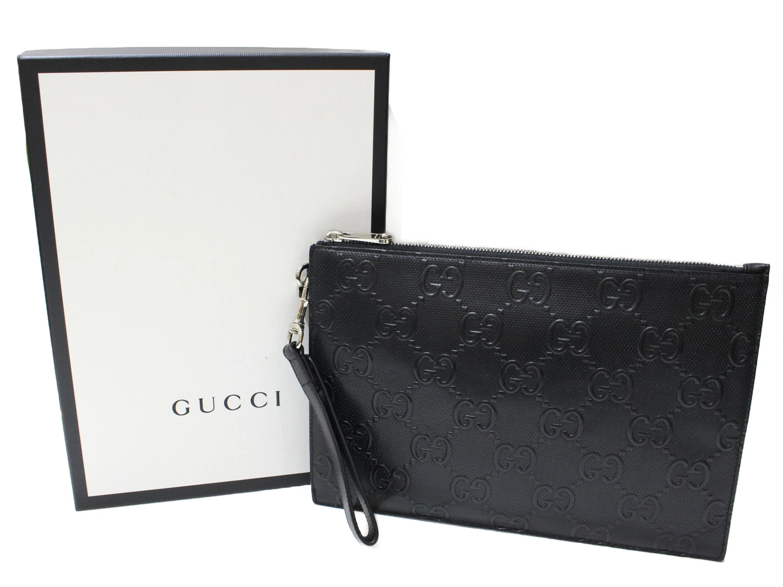 Gucci GG embossed clutch bag 625569 black leather with Box