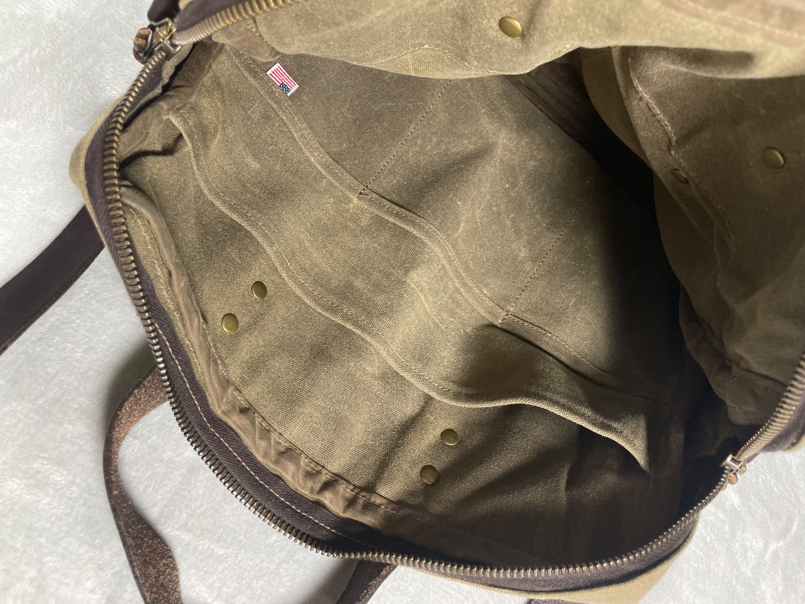J. Stark Waxed Canvas Briefcase Messenger Bag Olive Brown Leather Strap USA