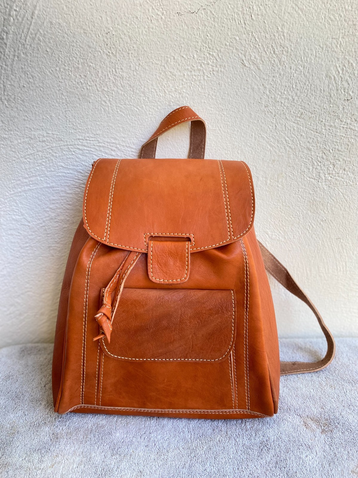 Cognac Leather Backpack Handmade Morocco Artisan Zip Genuine Leather