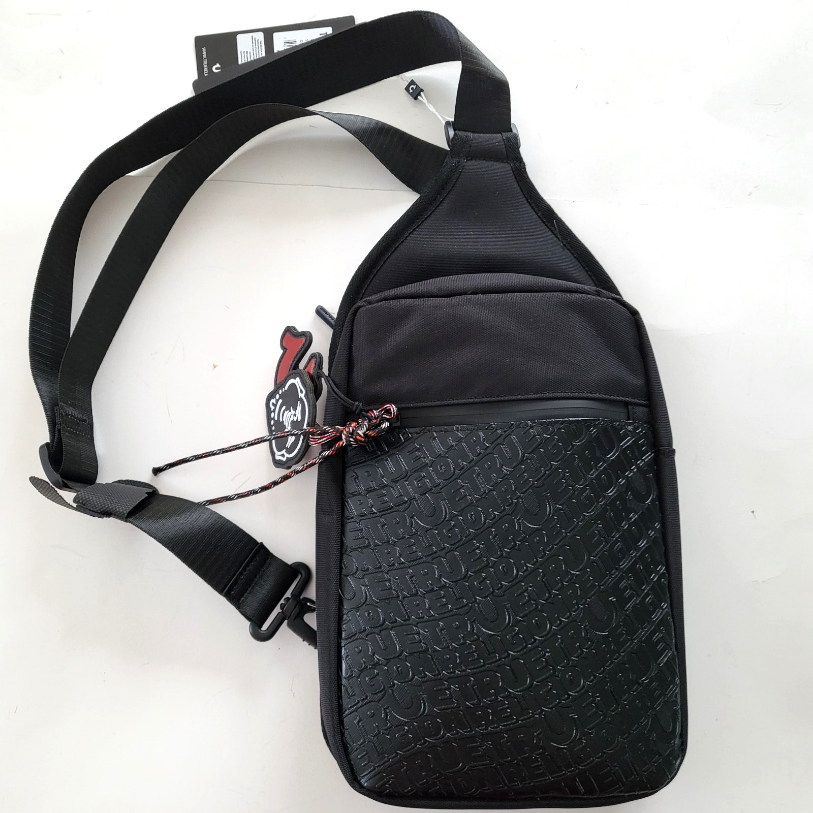 True Religion Wennington Sling Bag X-body Logo Black Faux Leather Bag