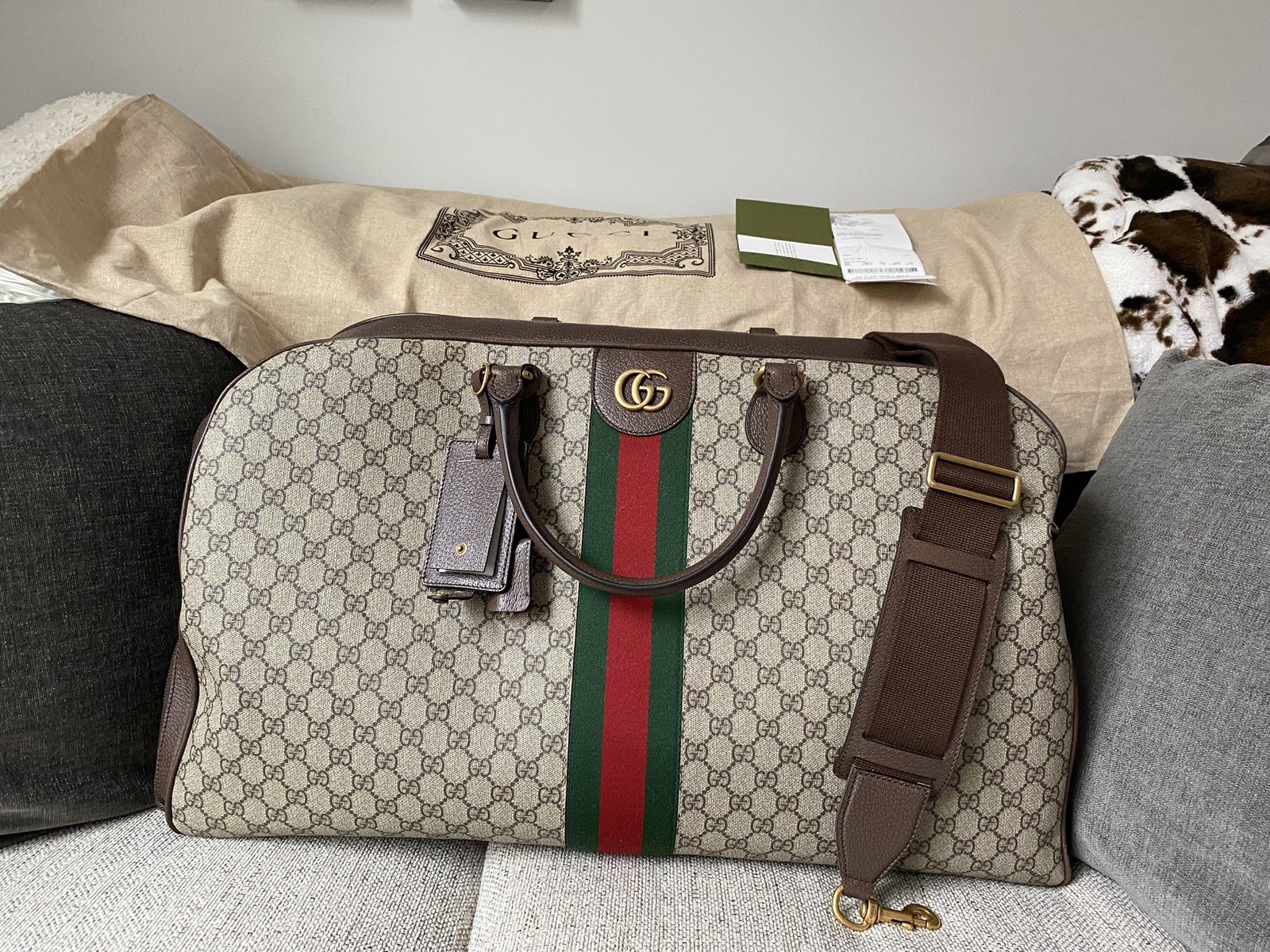 Gucci GG Supreme Monogram Duffle Bag Brown Beige Green Red Adjustable Strap