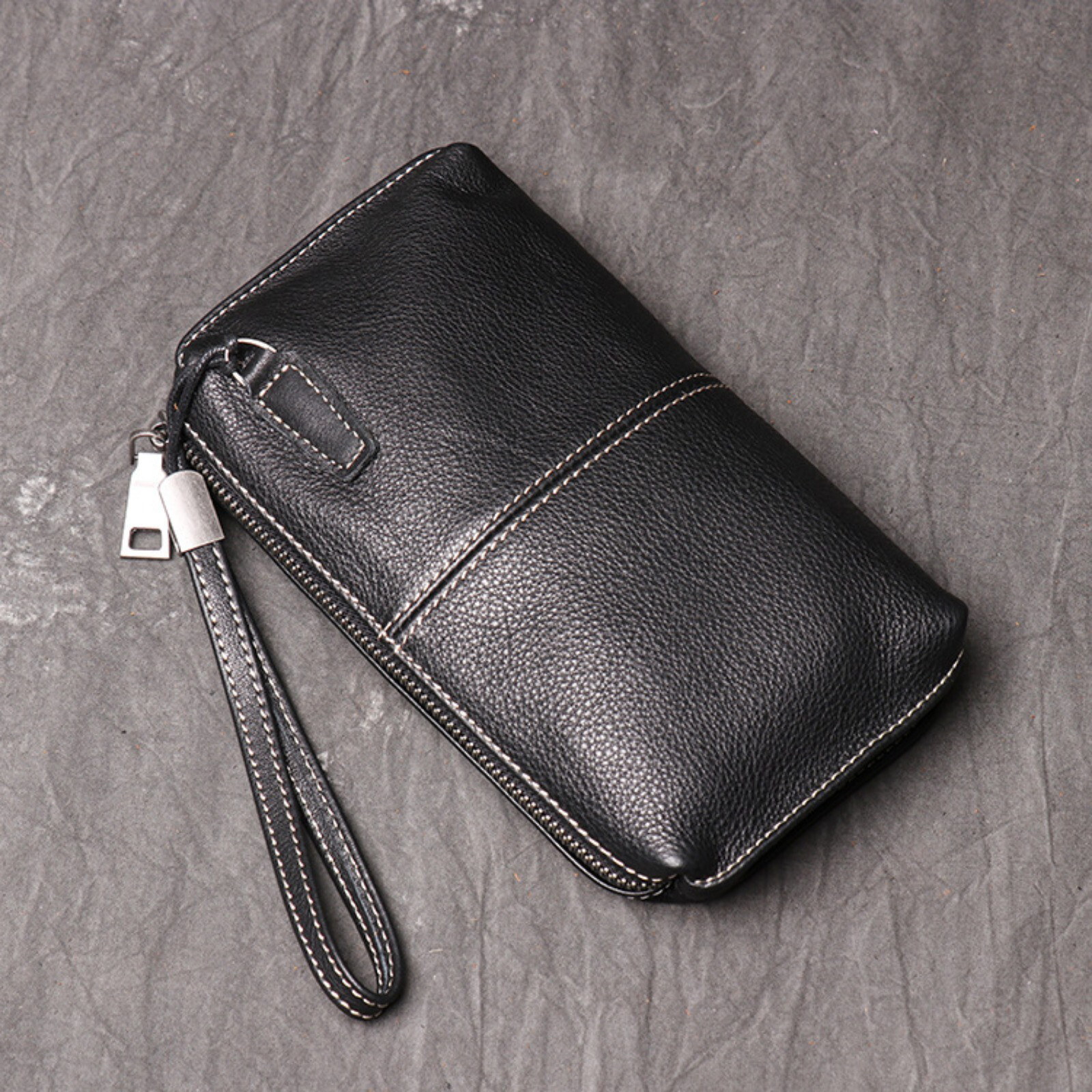 Mens Leather Wristlet Wallet Clutch Bag Zippered Organizer Multiple Pockets