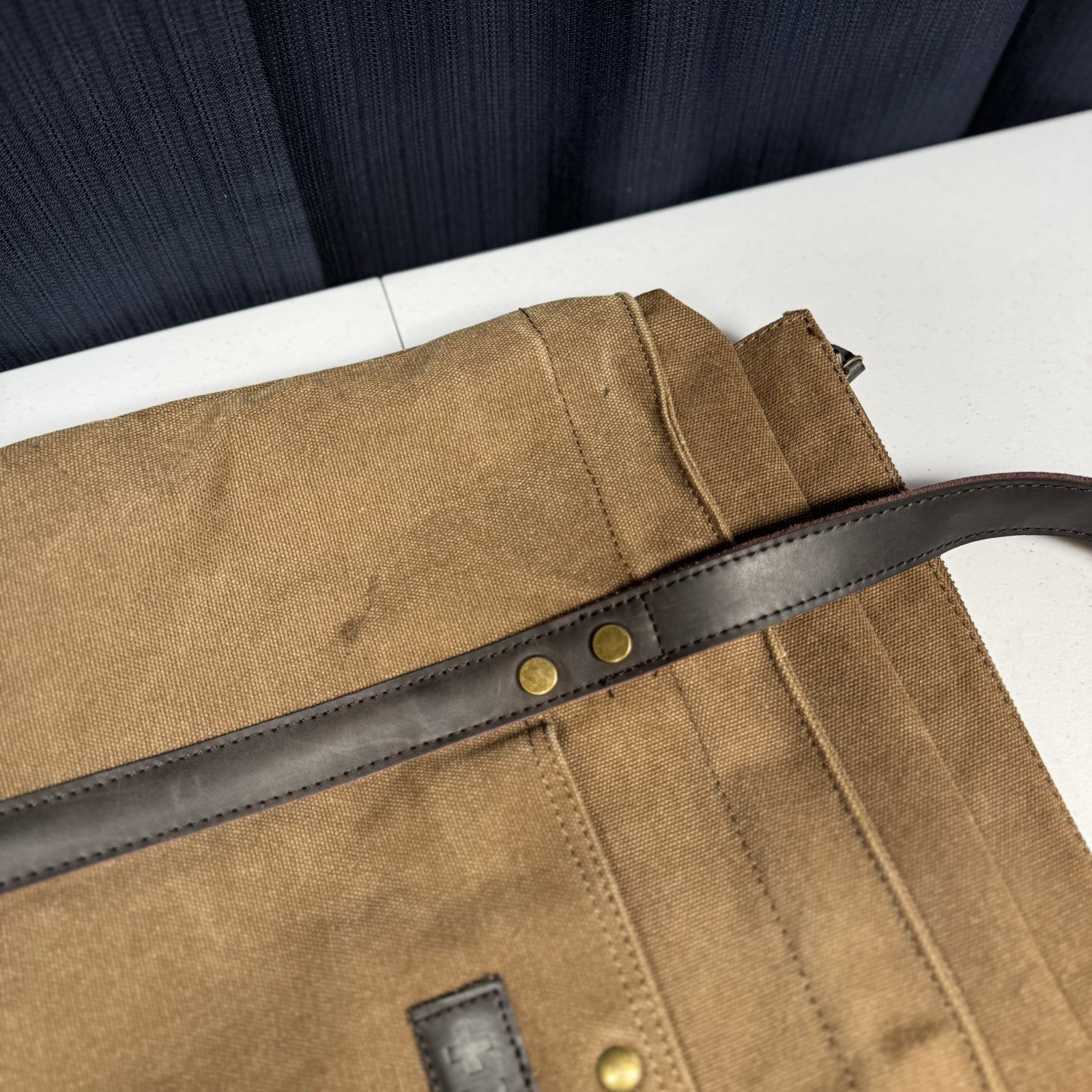 Beryll Brand Army Khaki Green Canvas Tote Bag Leather Straps 15.5″