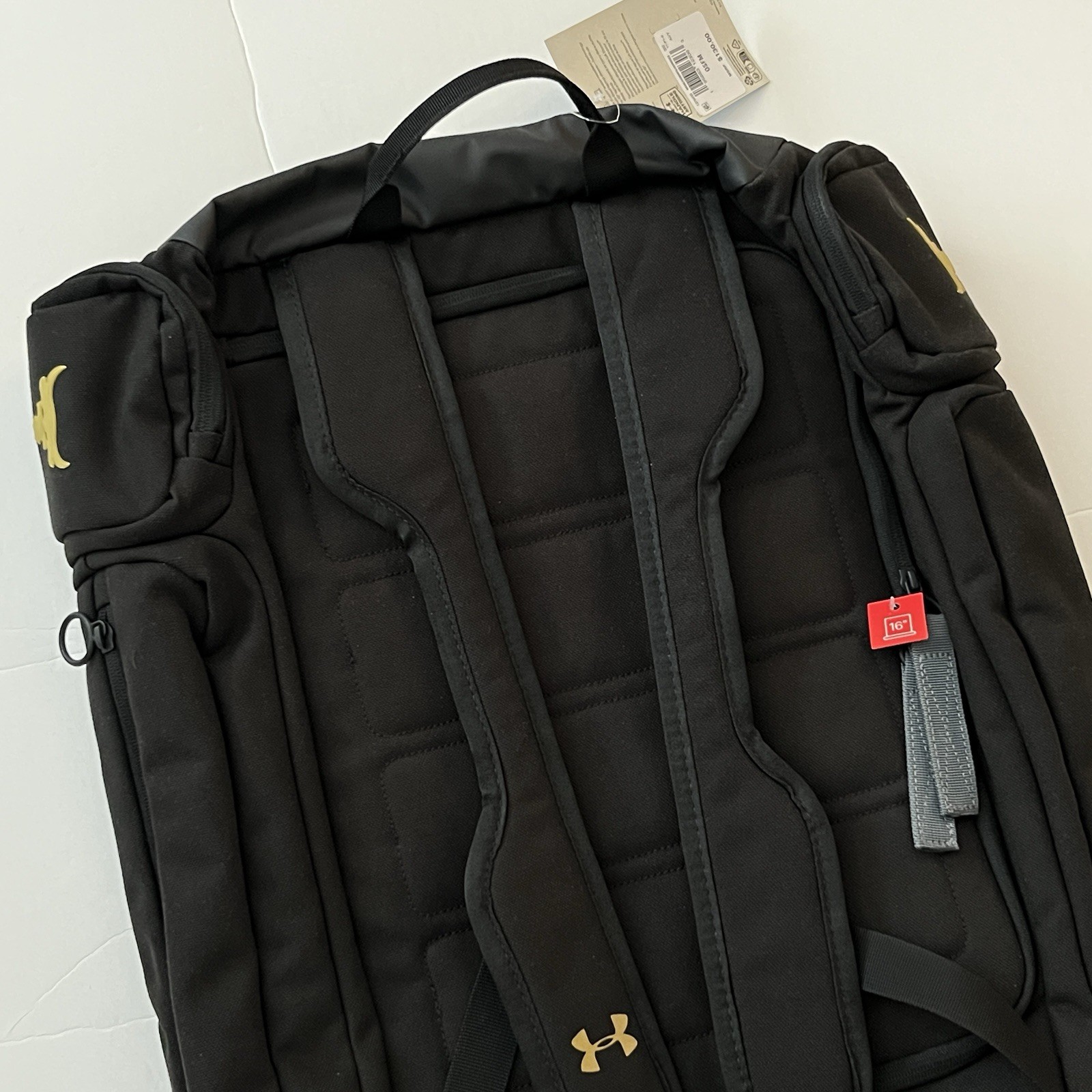UA Under Armour Project Rock Duffle Backpack Bag Black Gold Gym 1376459-002 $130