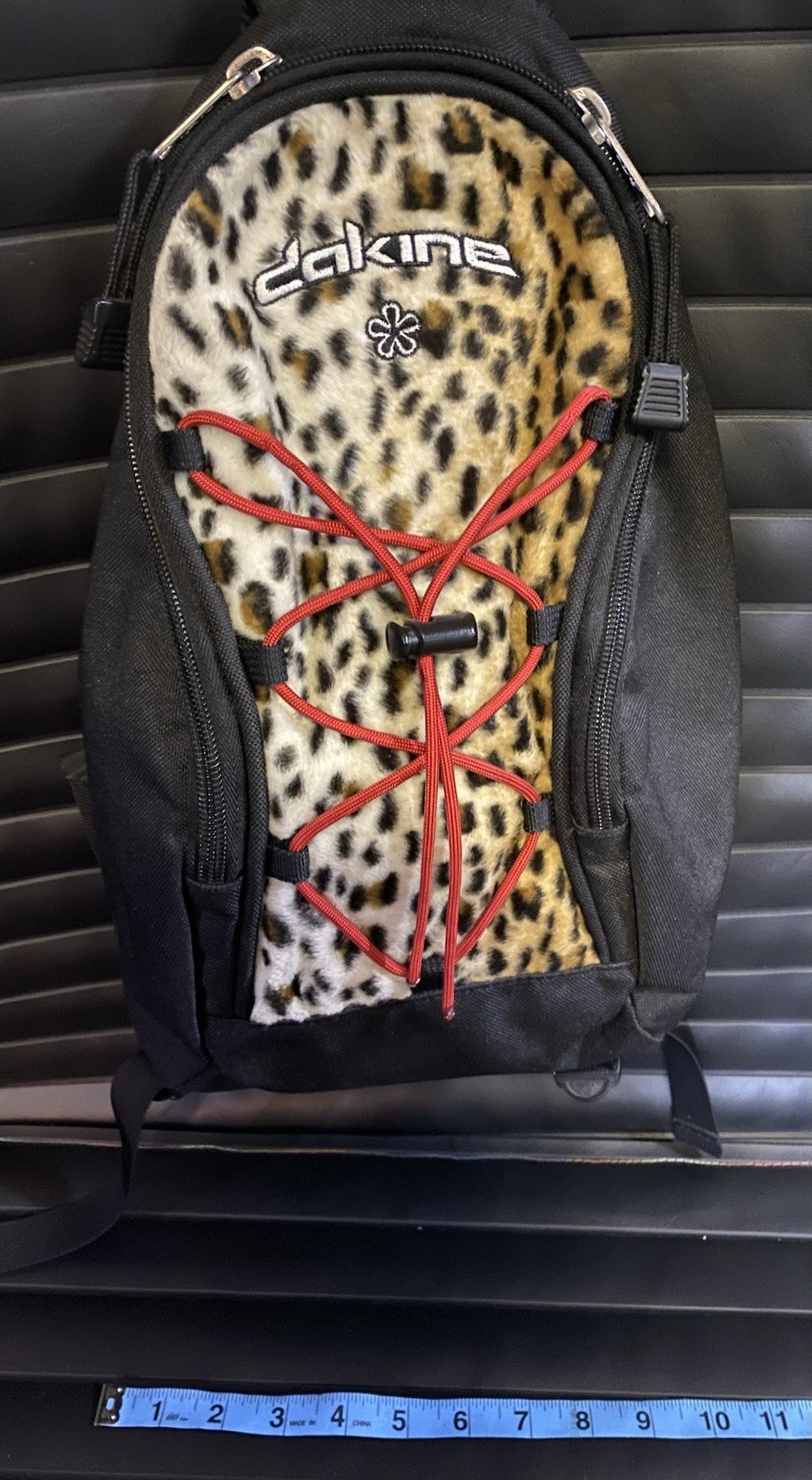 Dakine Small Black Backpack Leopard Print Panel, Red Bungee, Vintage