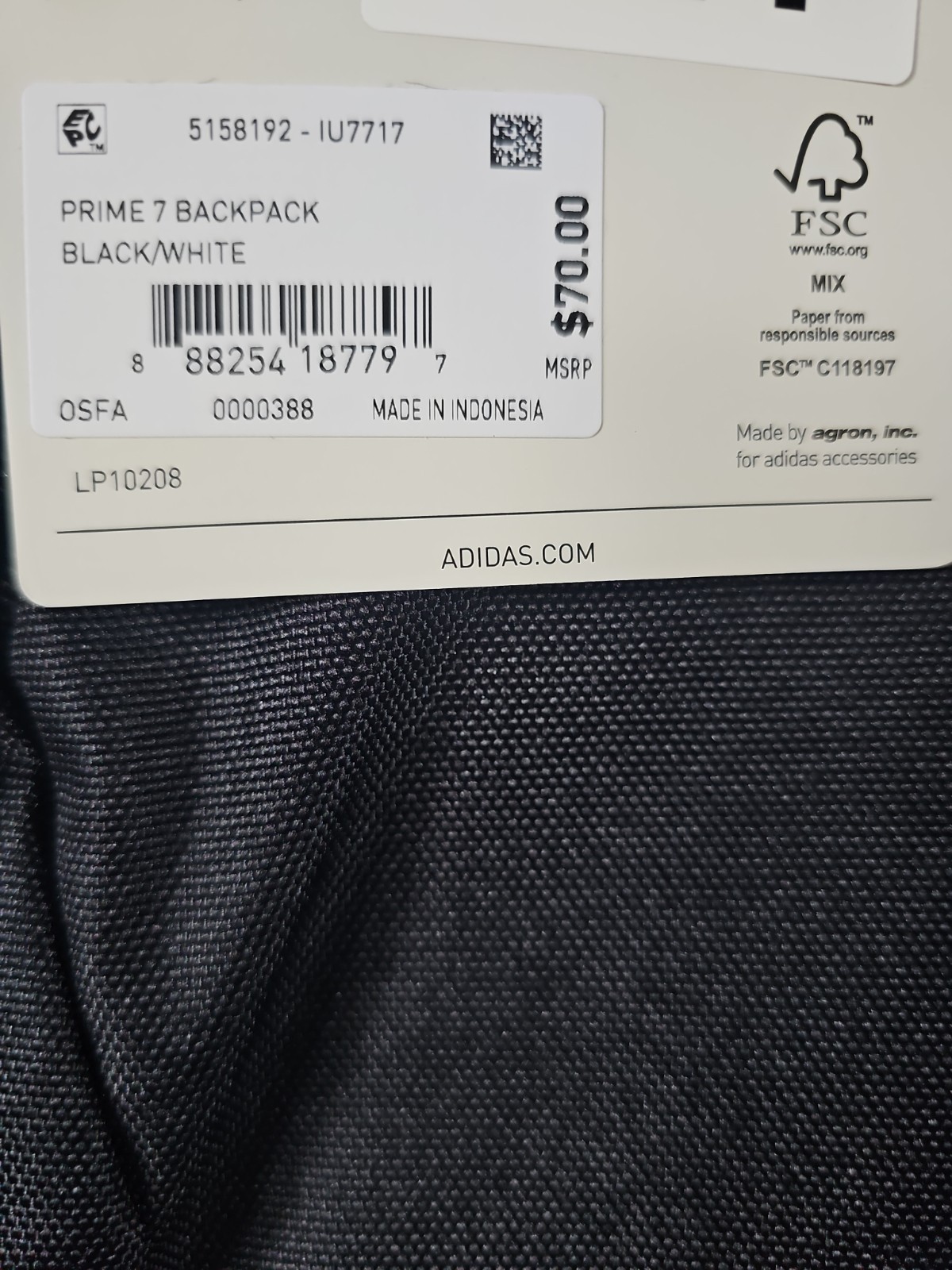 Adidas Prime 7 Backpack Black White OSFA School Travel Athletic Bag NEW WITH TAG